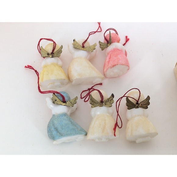 6 VTG Plastic Sugar Angels Christmas Ornament Metal Wings West Germany With Box - Picture 6 of 9